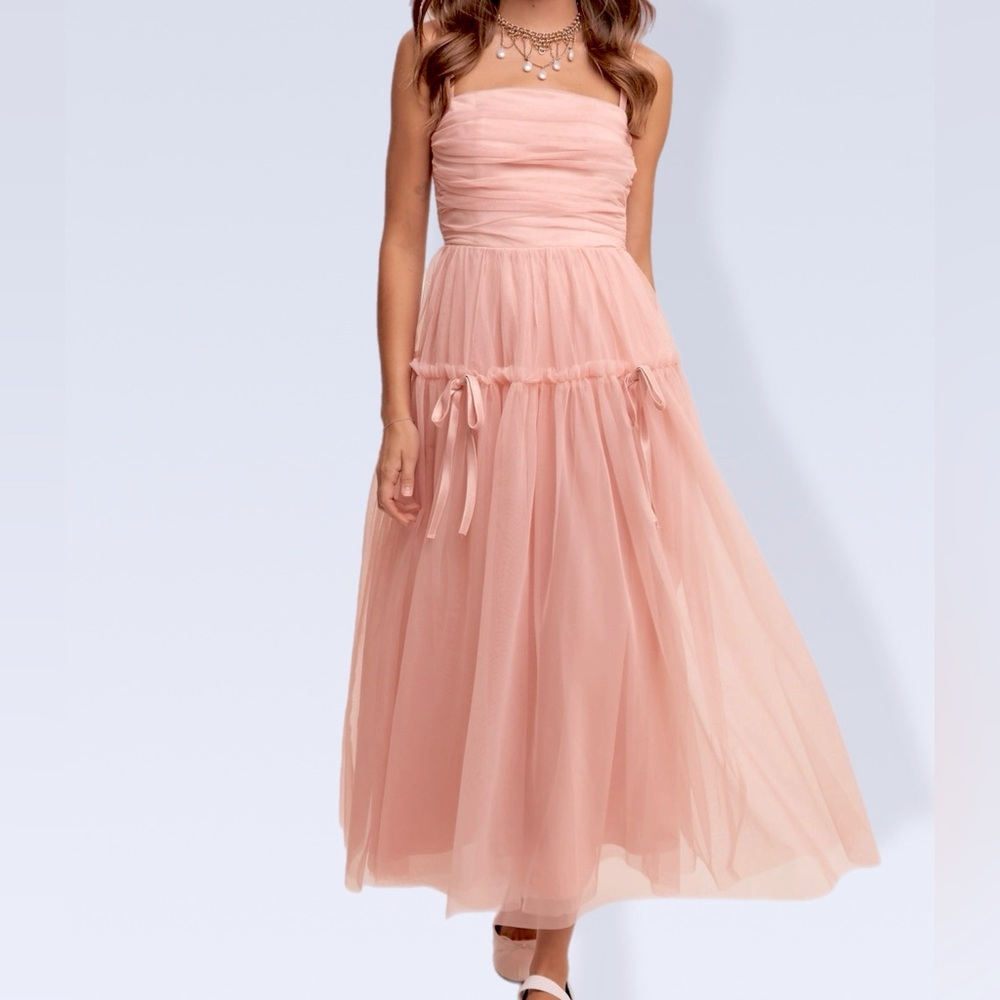 Romantic Blush Tulle Midi Dress – Cottagecore Coquette Wedding Guest Gown